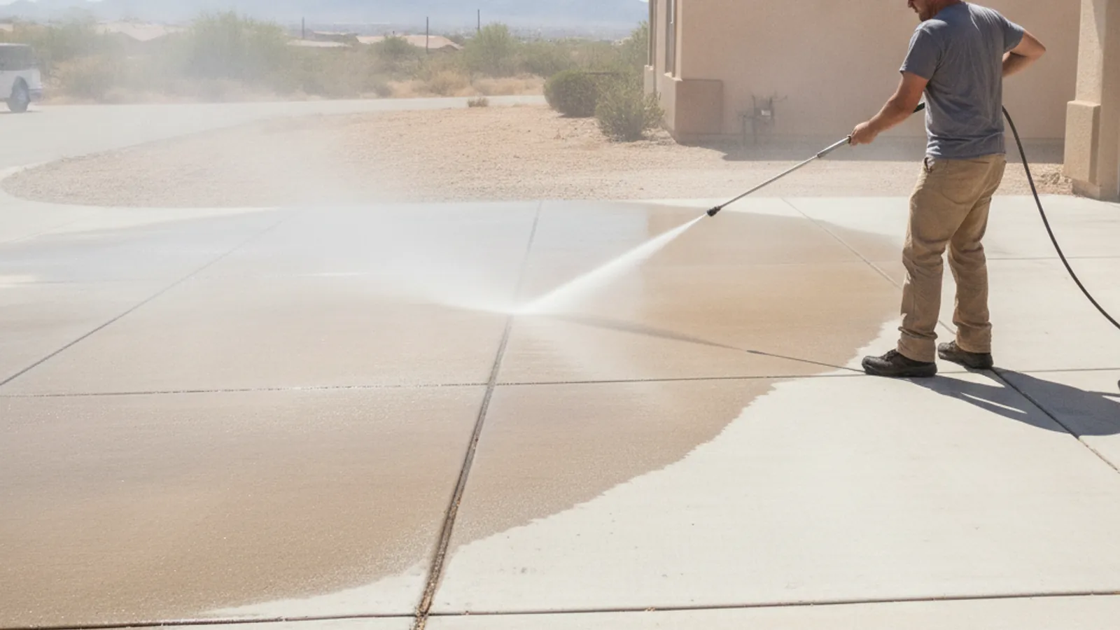 Pressure washing technician cleaning a concrete driveway in El Paso, TX